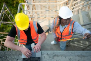 a worker looking at a computer while building