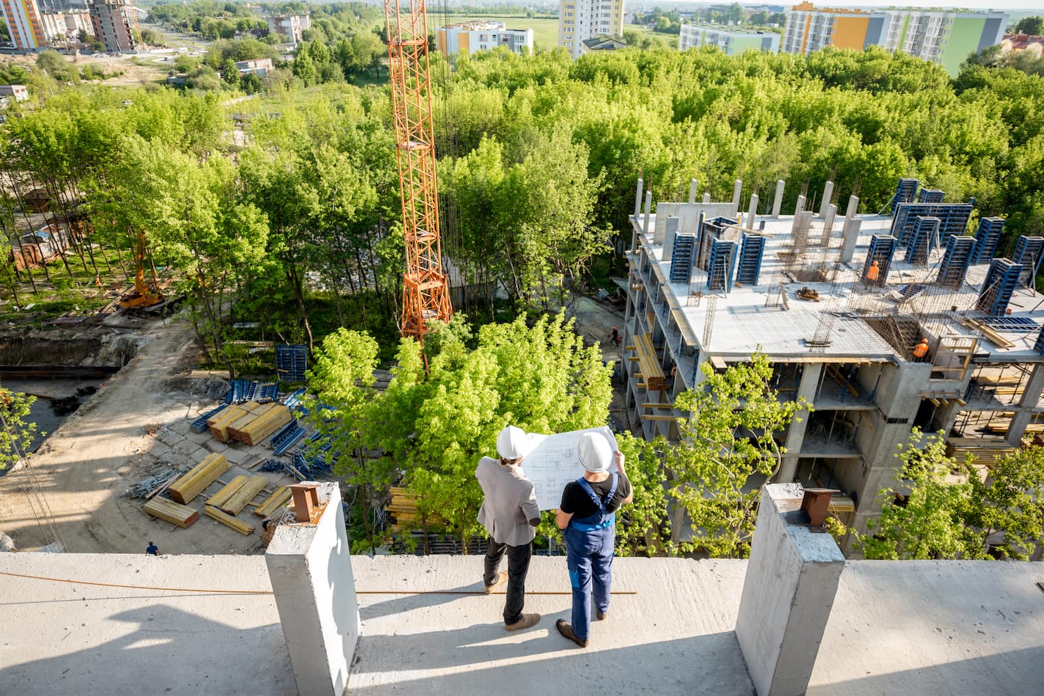 construction workers overlooking a nature area